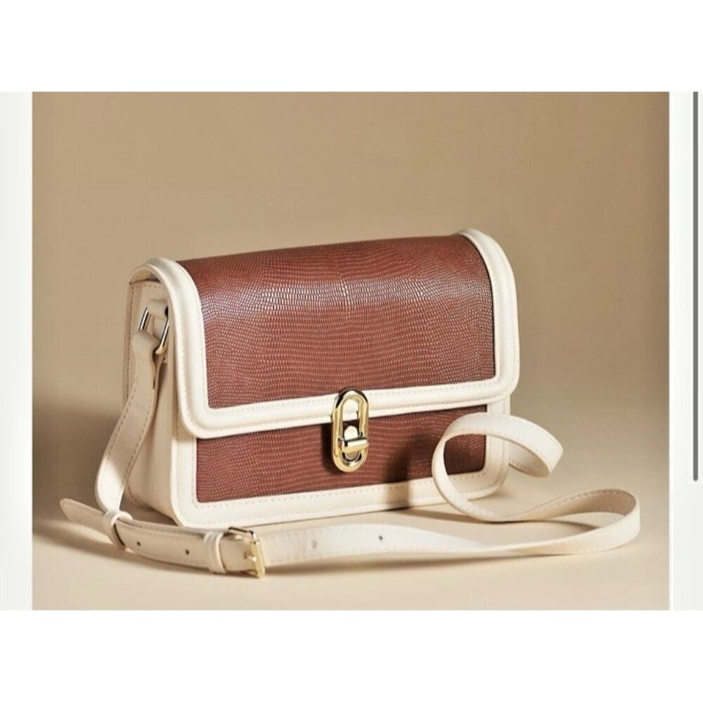 Jules Kae Mia Turnlock Vegan Leather Crossbody Clutch Bag Brown Cream NWT